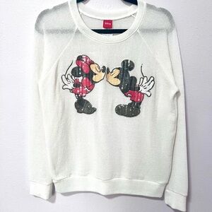Disney White Crew Neck Sweater with Cartoon Characters LARGE